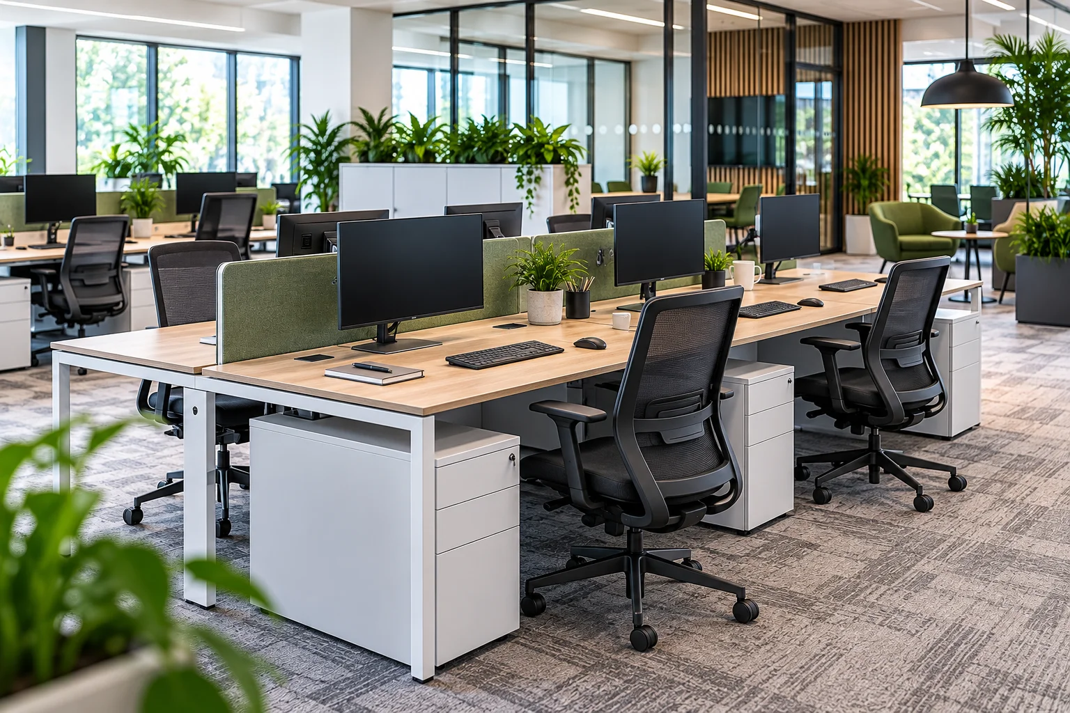 Office desks arranged in a modern open-plan workplace