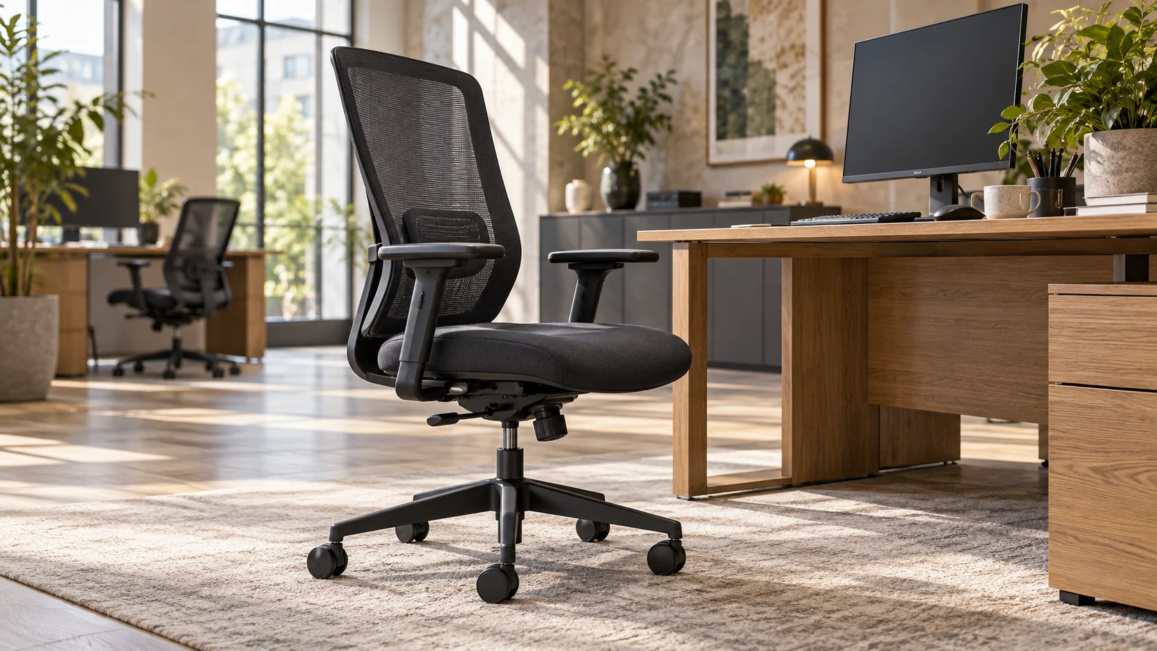 Black ergonomic office chair with mesh back beside an oak desk in a bright modern office
